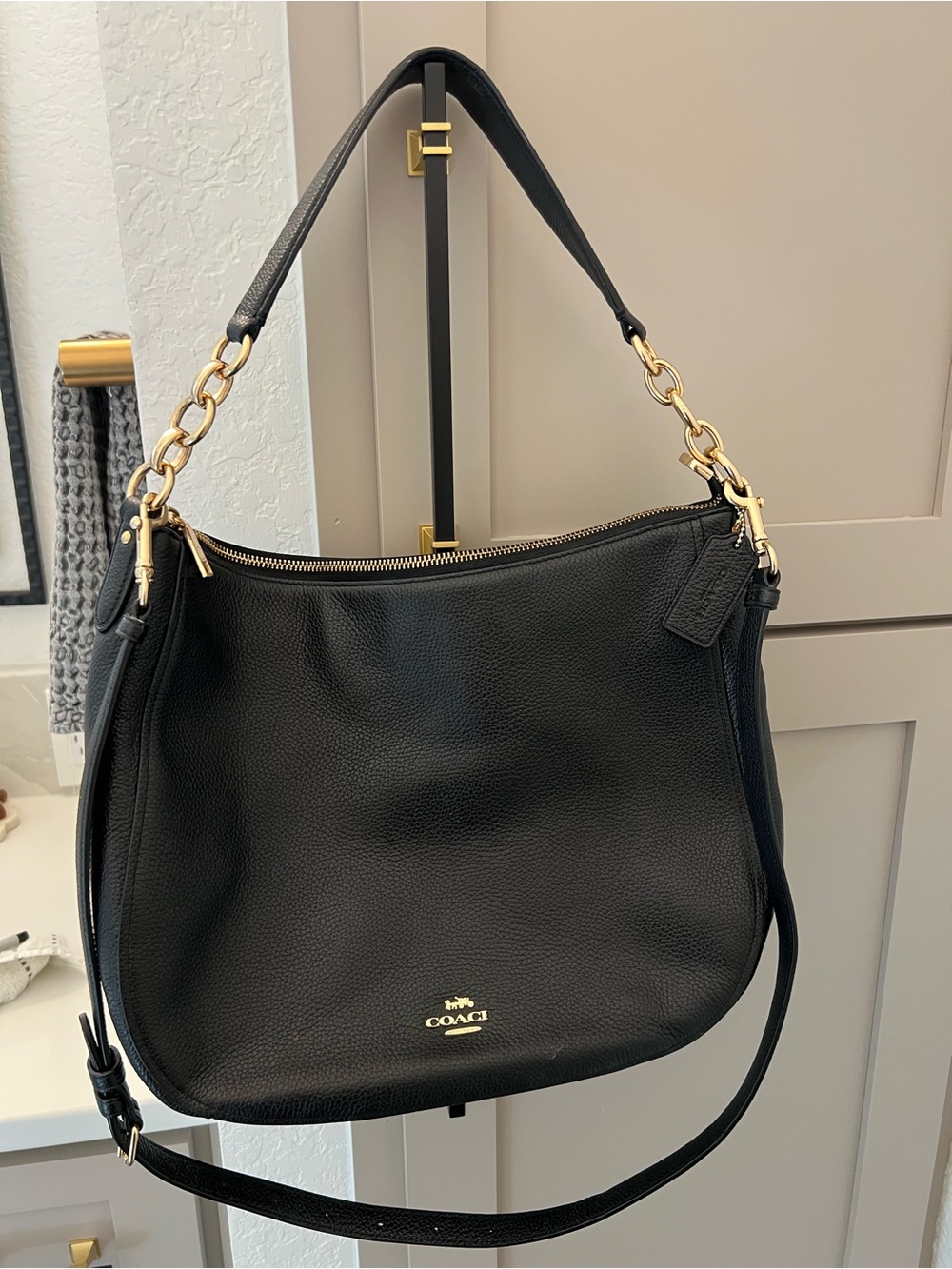 Coach Black Pebbled Leather Shoulder Hobo with Gold Chain Accents